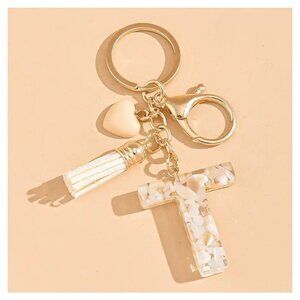 NWOT - Initial T Charm Resin Keychain - White Shell with Heart and Tassel